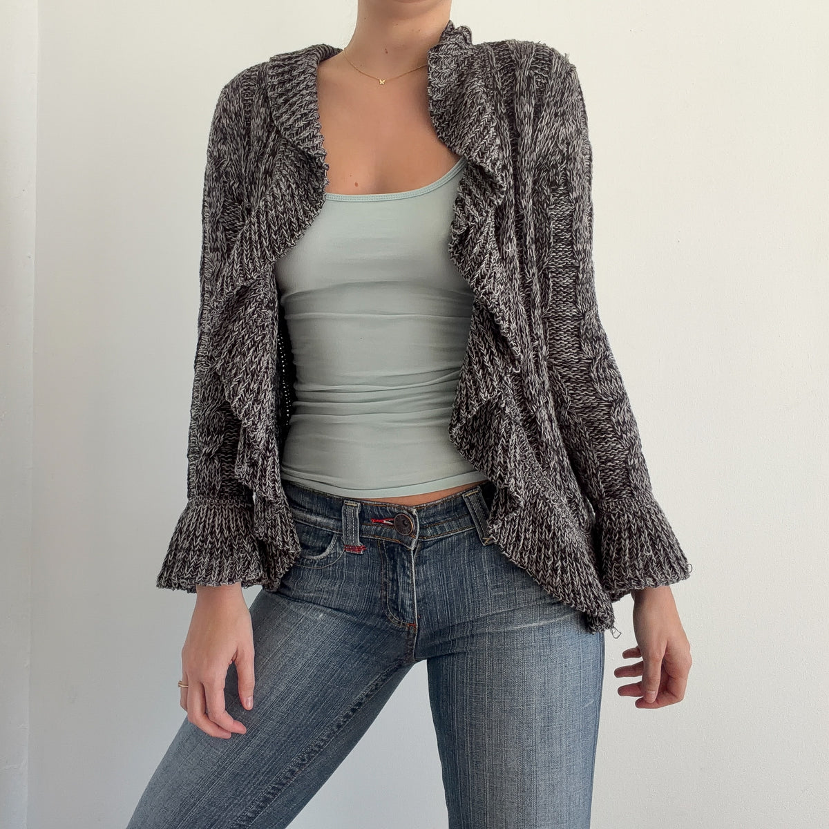 Y2K Black & Grey Sweater Ruffle Cardigan / SZ M