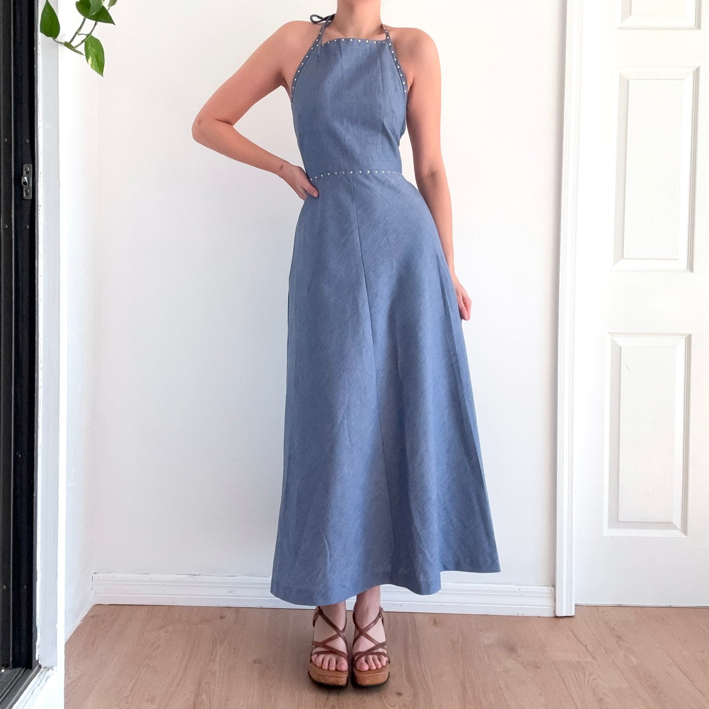 70's Blue Chambray Crossback Maxi Dress / SZ S