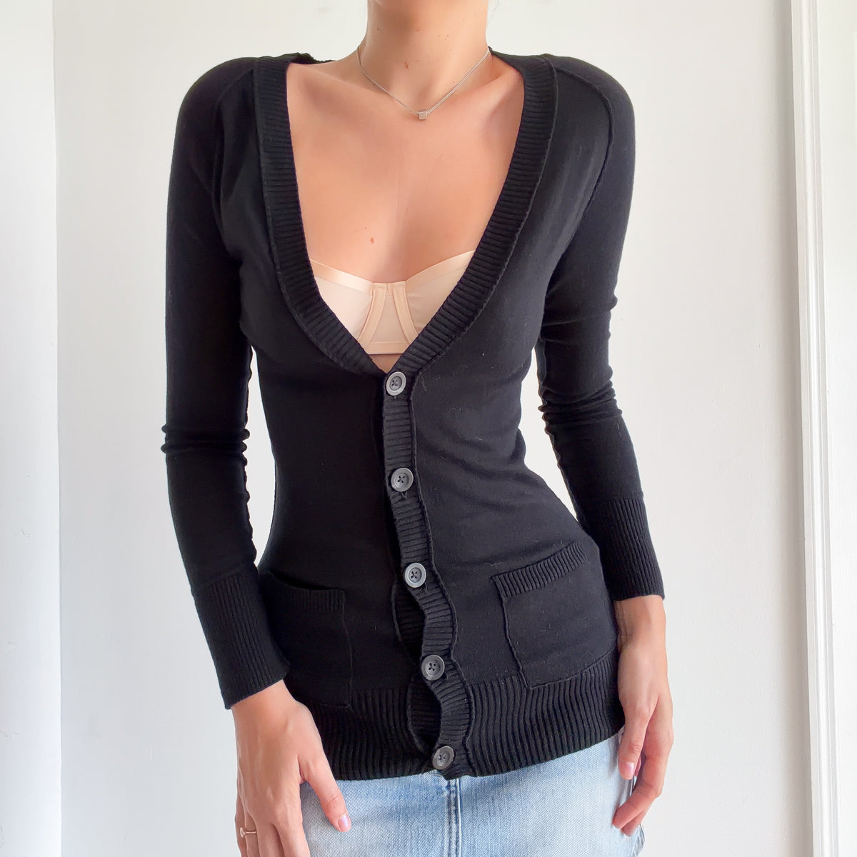 Y2K Black Cotton Knit Long Cardigan / SZ XS/S
