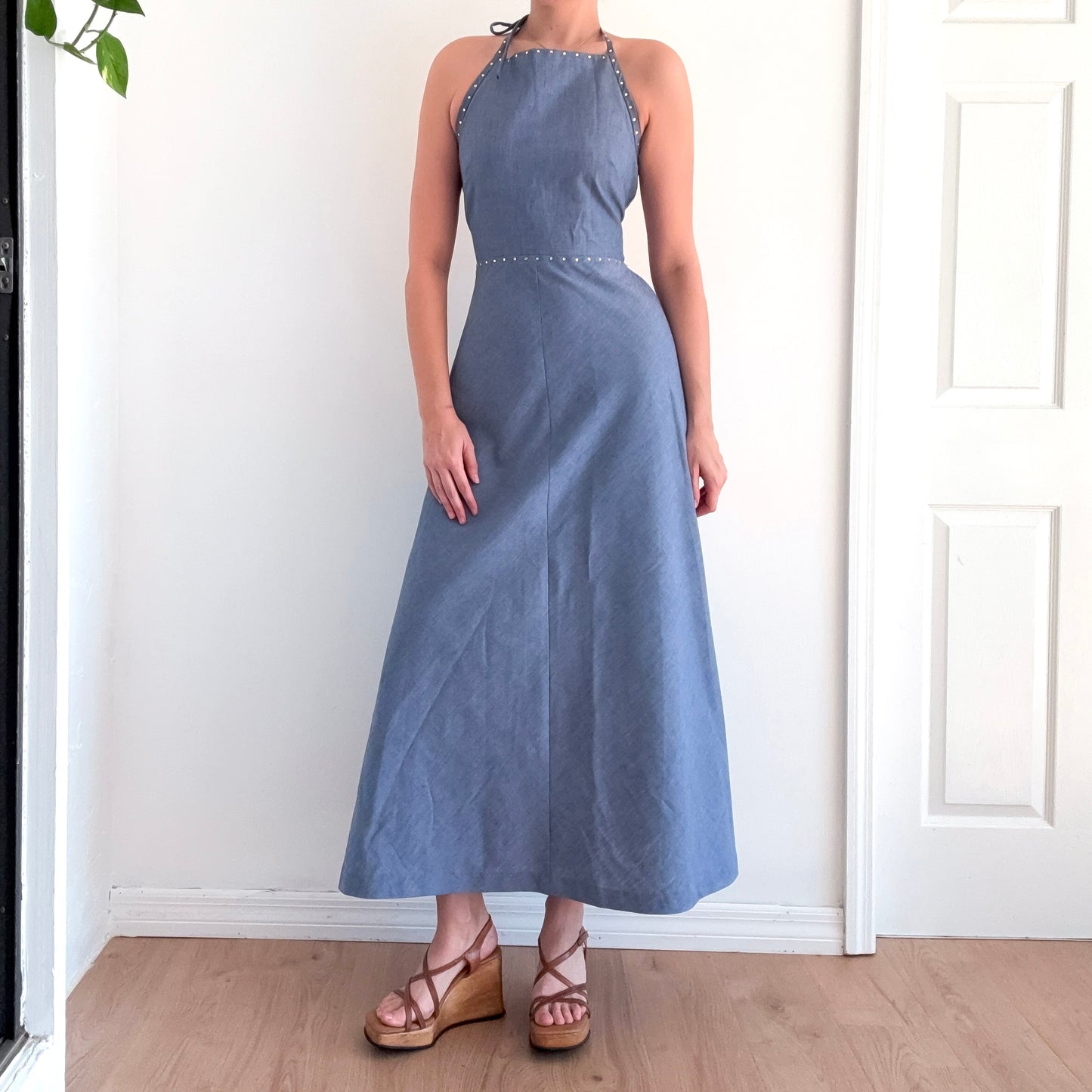 70's Blue Chambray Crossback Maxi Dress / SZ S