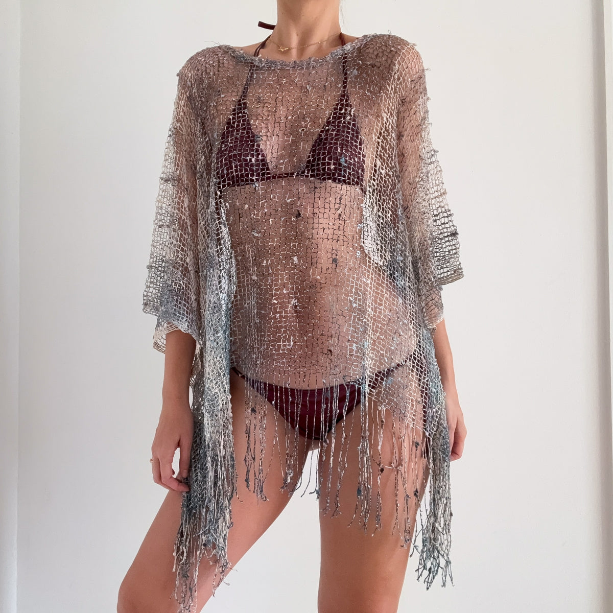 Y2K Blue & Ivory Knit Fringe Poncho / One Size