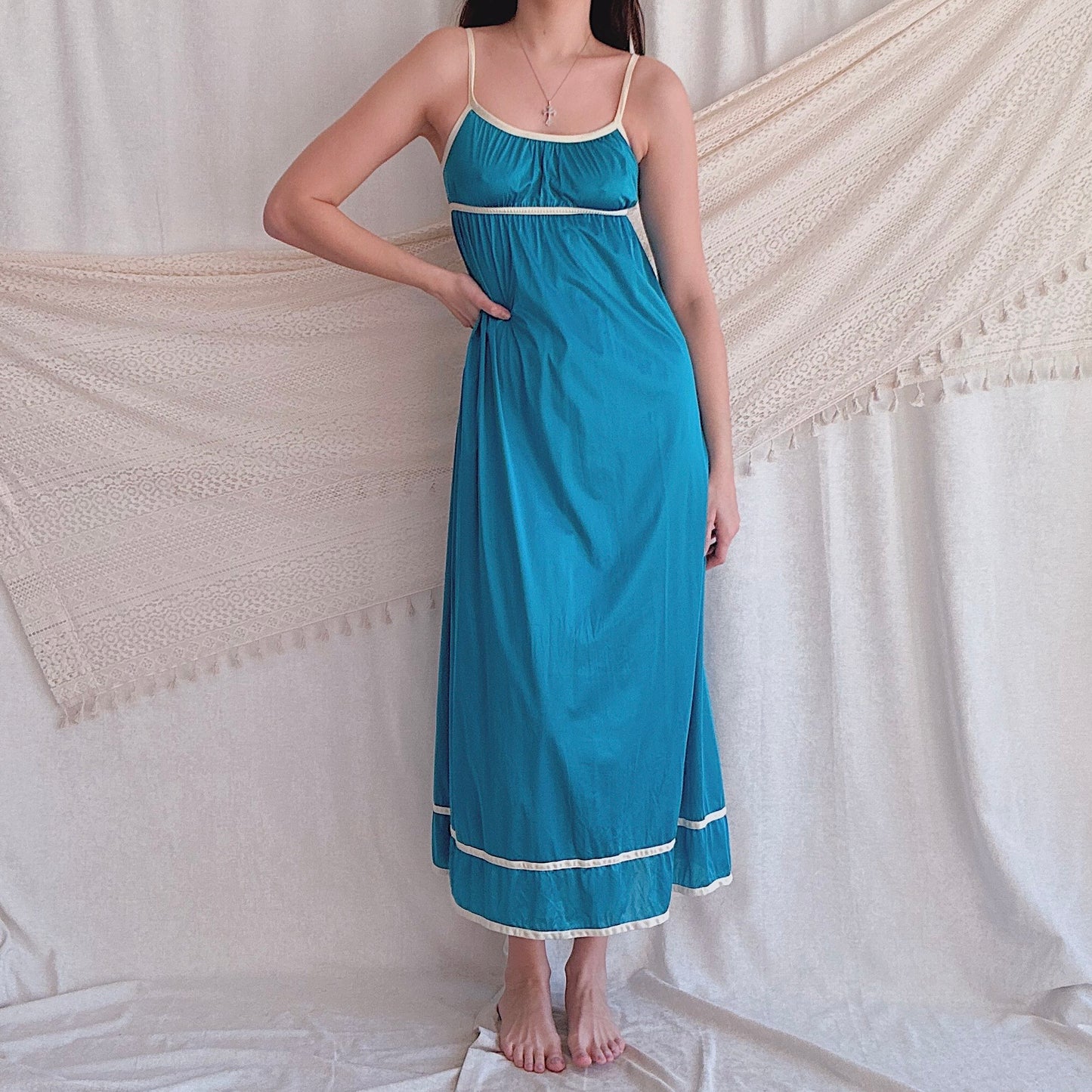 80's Teal & Cream Contrast Nightgown / SZ S