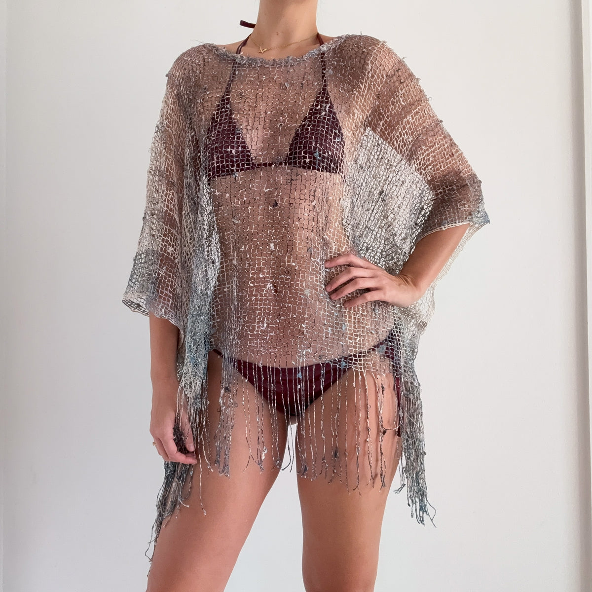 Y2K Blue & Ivory Knit Fringe Poncho / One Size