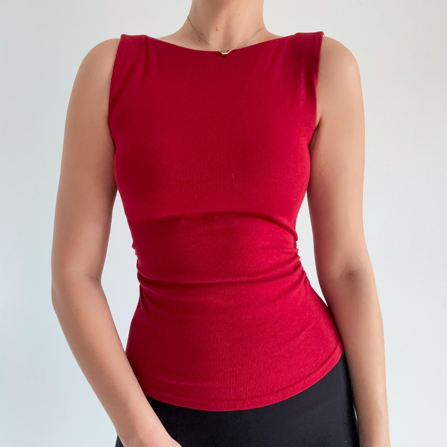 Contemporary Crimson Red Boat Neck Top / SZ S