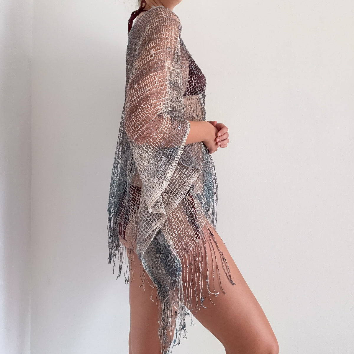Y2K Blue & Ivory Knit Fringe Poncho / One Size