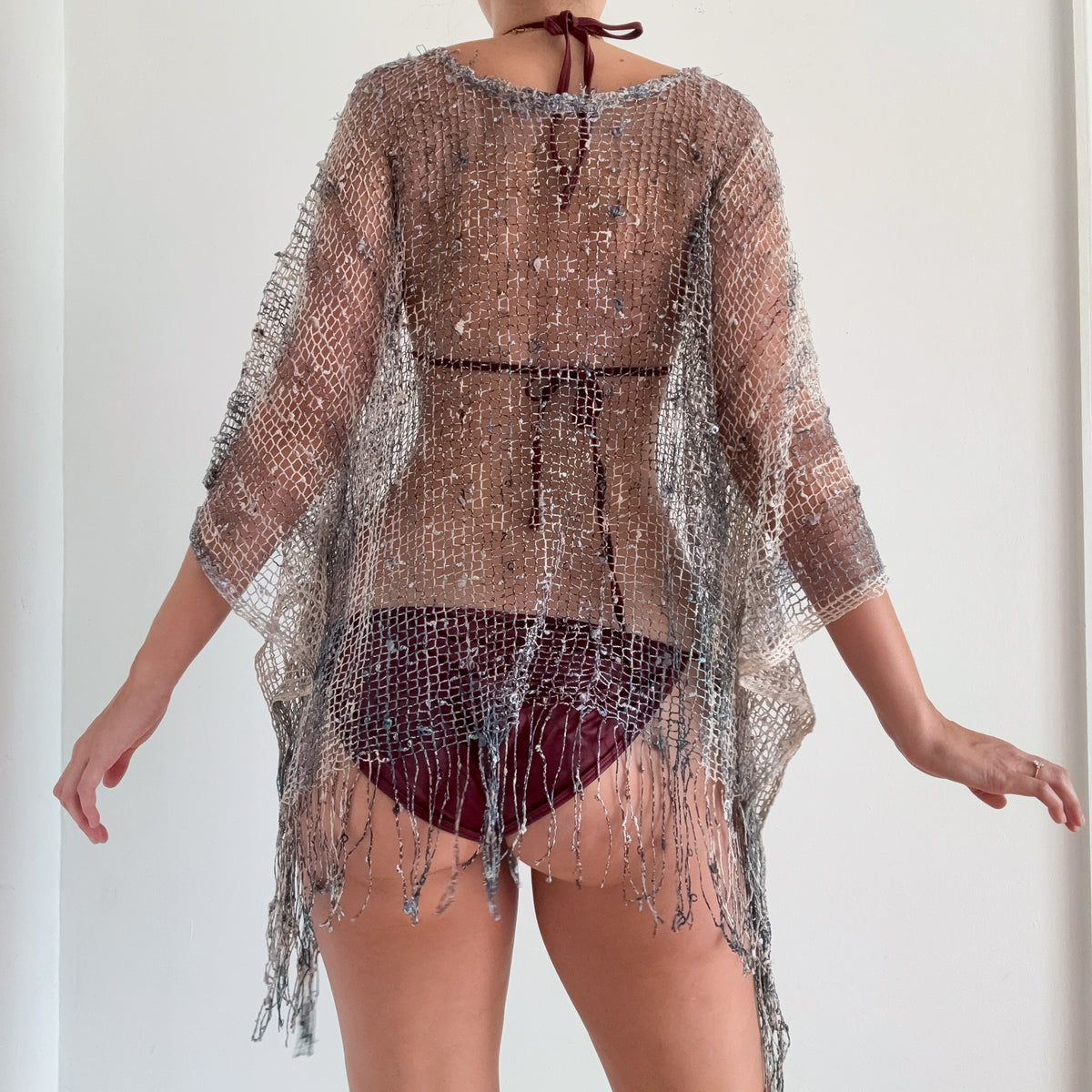 Y2K Blue & Ivory Knit Fringe Poncho / One Size