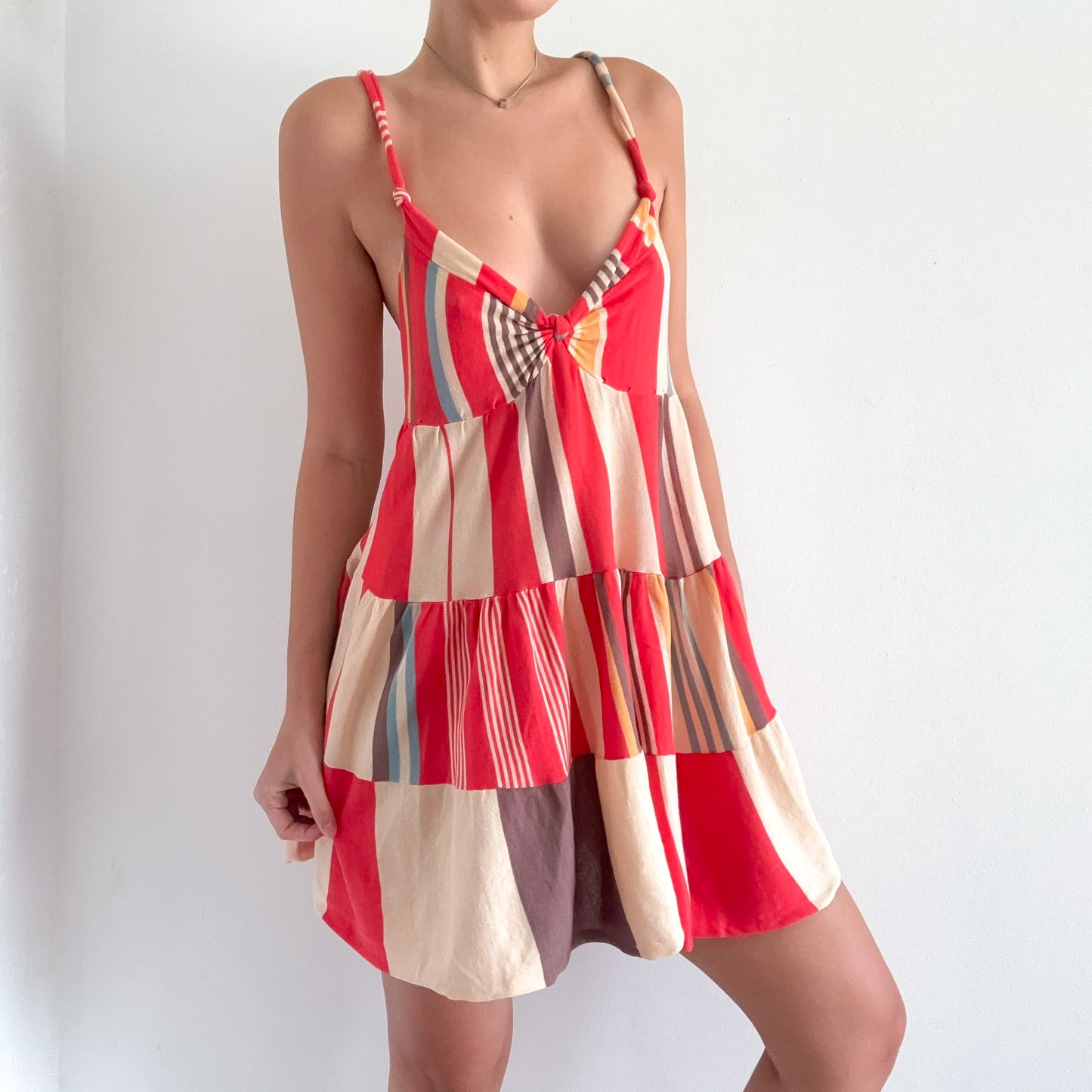 Y2K Red & Beige Striped Cotton Knit Mini Dress / SZ S