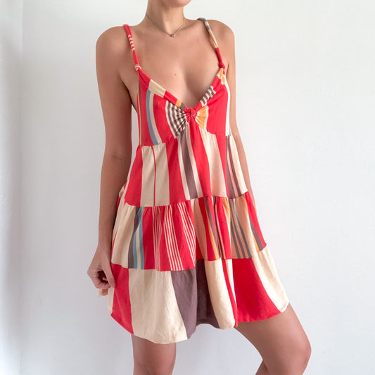 Y2K Red & Beige Striped Cotton Knit Mini Dress / SZ S