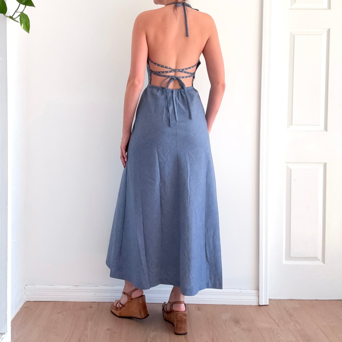 70's Blue Chambray Crossback Maxi Dress / SZ S