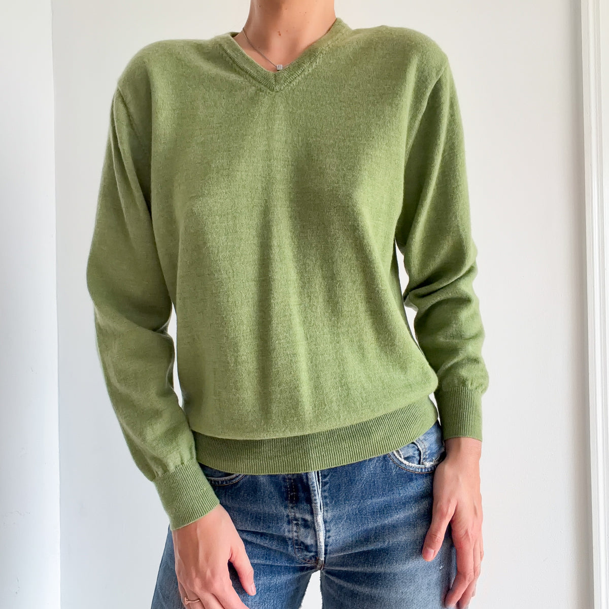 Pickle Green Knit V-Neck Sweater / SZ M