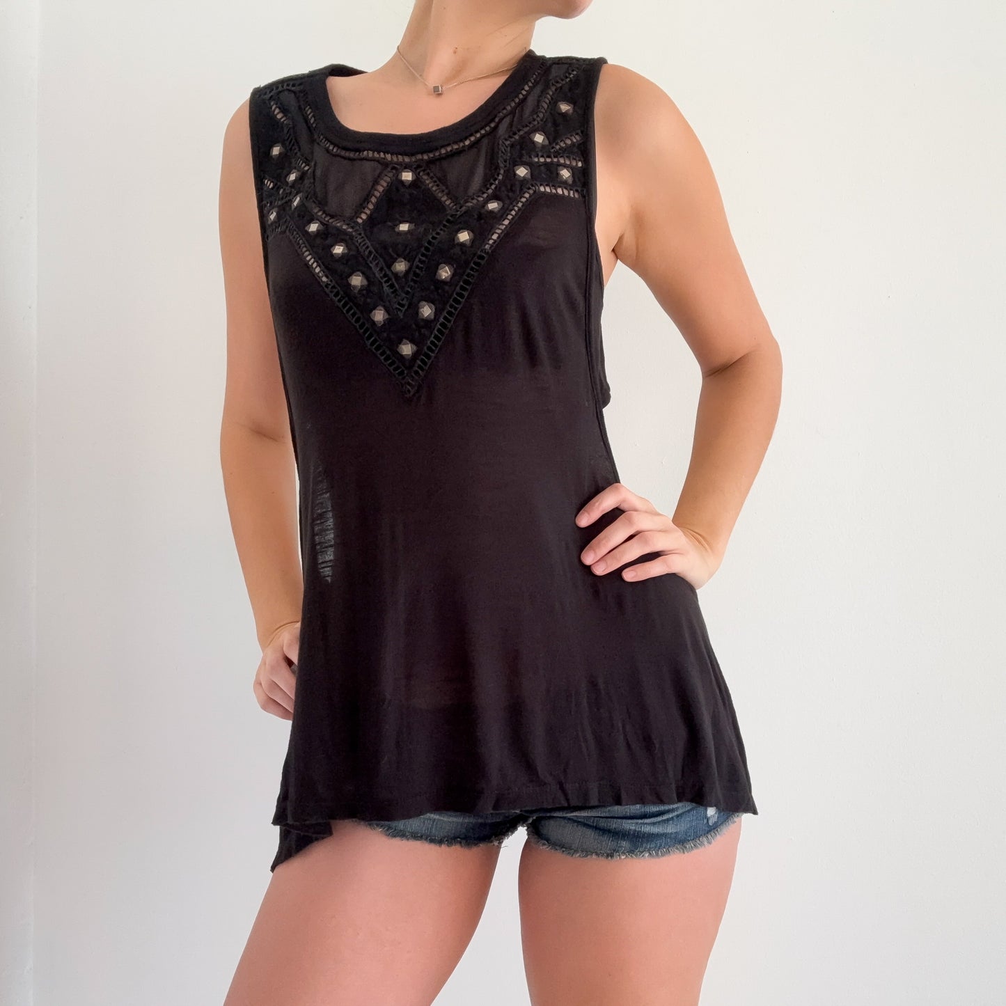 Free People Black Studded Cutout Tunic Top / SZ M