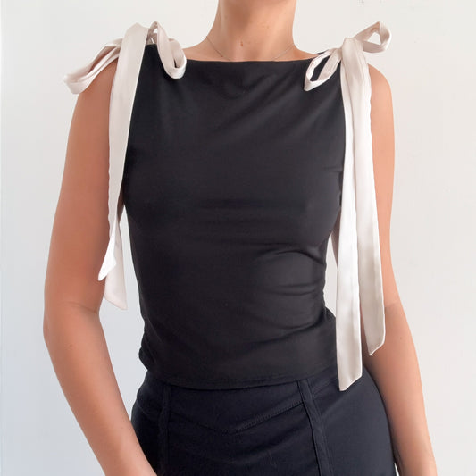 Contemporary Black & Ivory Tie Top / SZ M