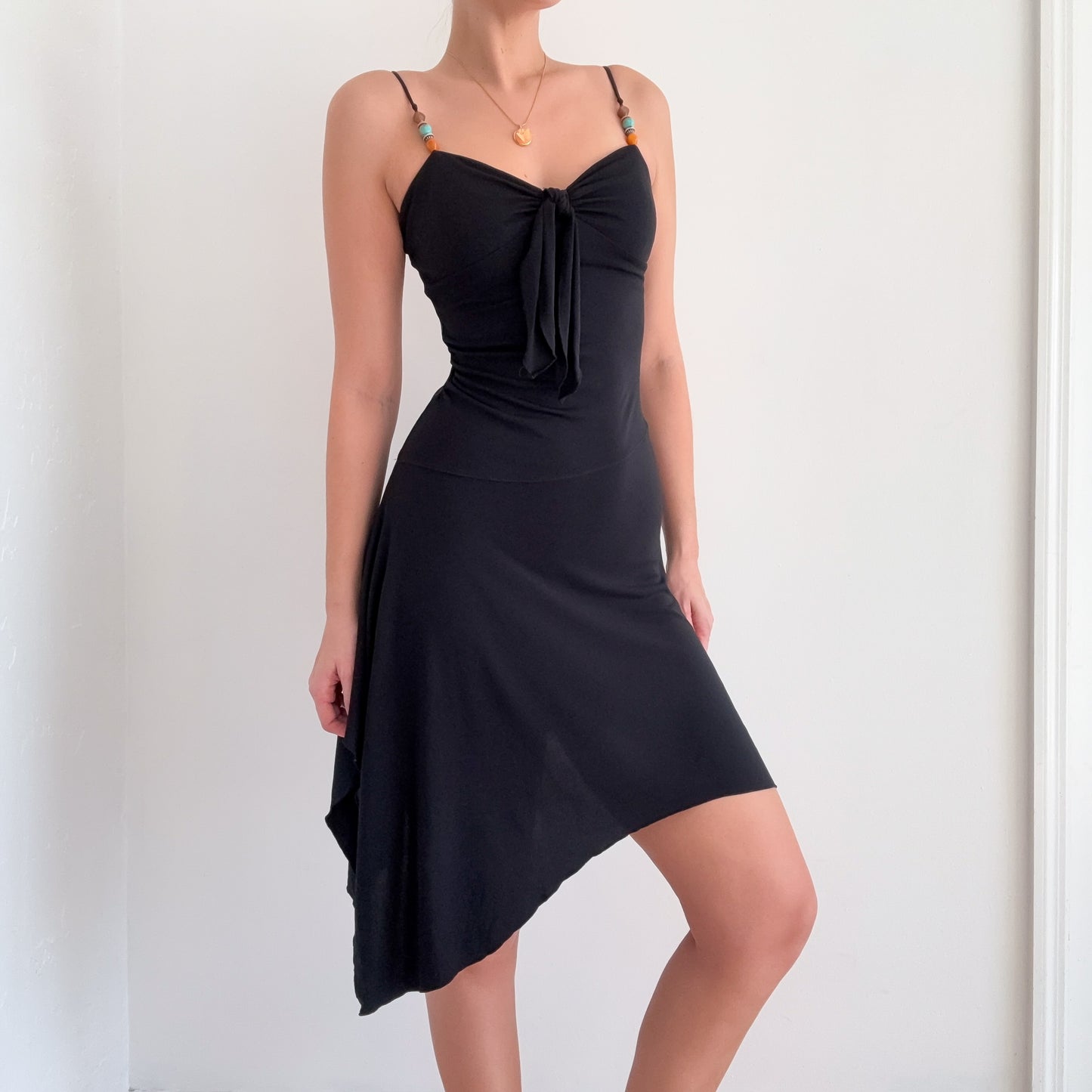 Y2K Black Beaded Strap Midi Dress / SZ XS/S