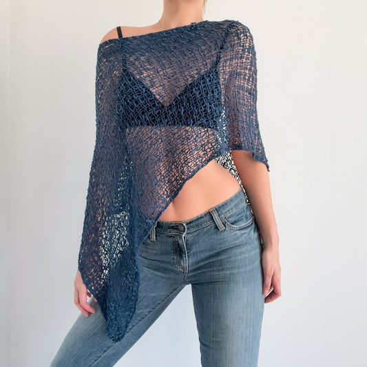 Y2K Aegean Blue Knit Shawl Poncho / One Size