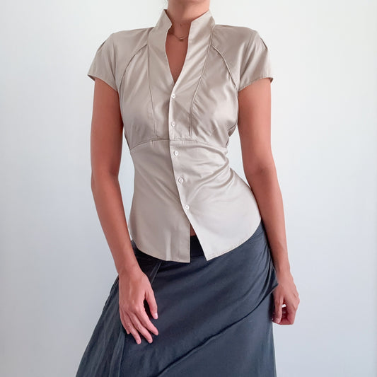 Y2K Beige Button Blouse / SZ S/M