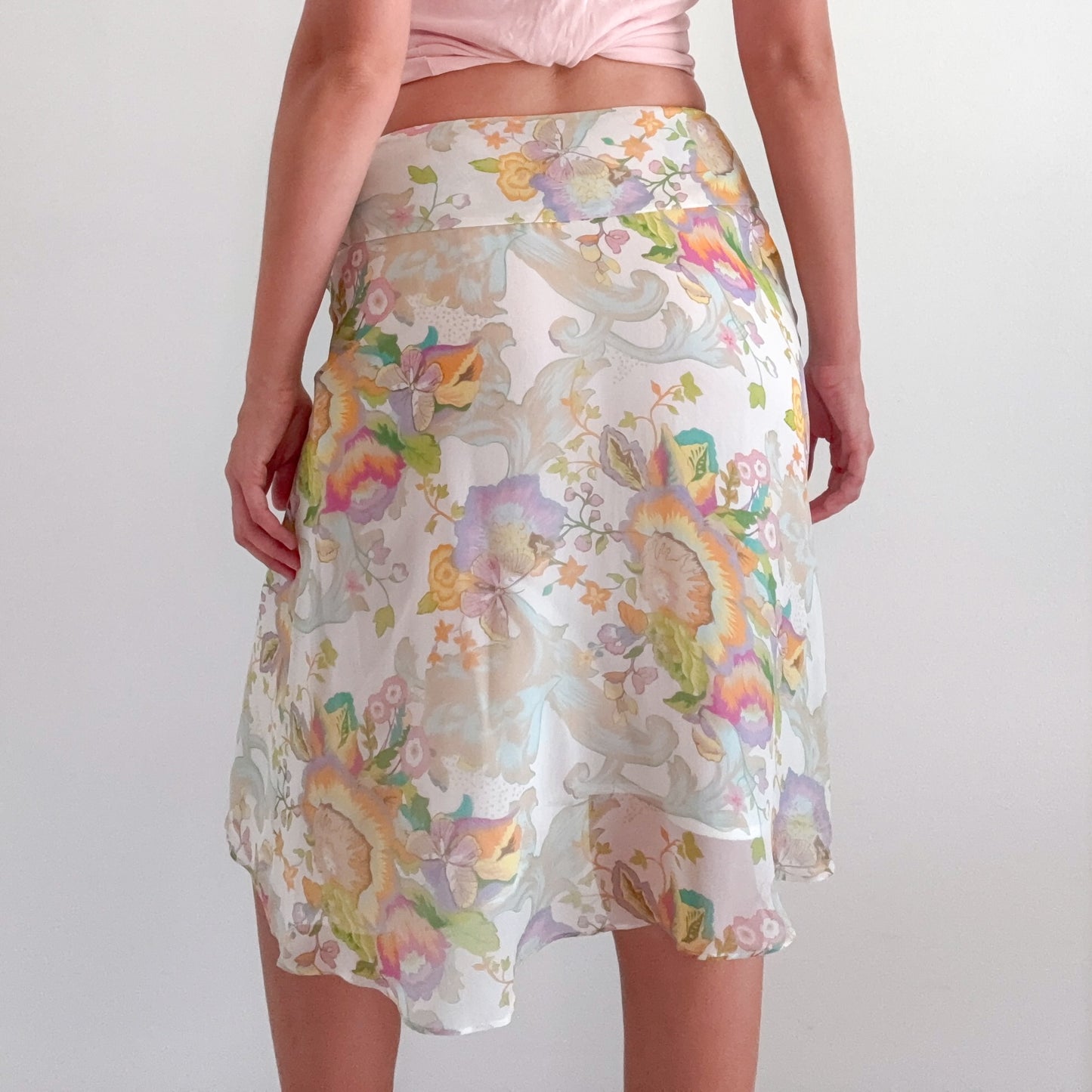 Y2K White Pastel Floral Silk Midi Skirt / SZ S/M