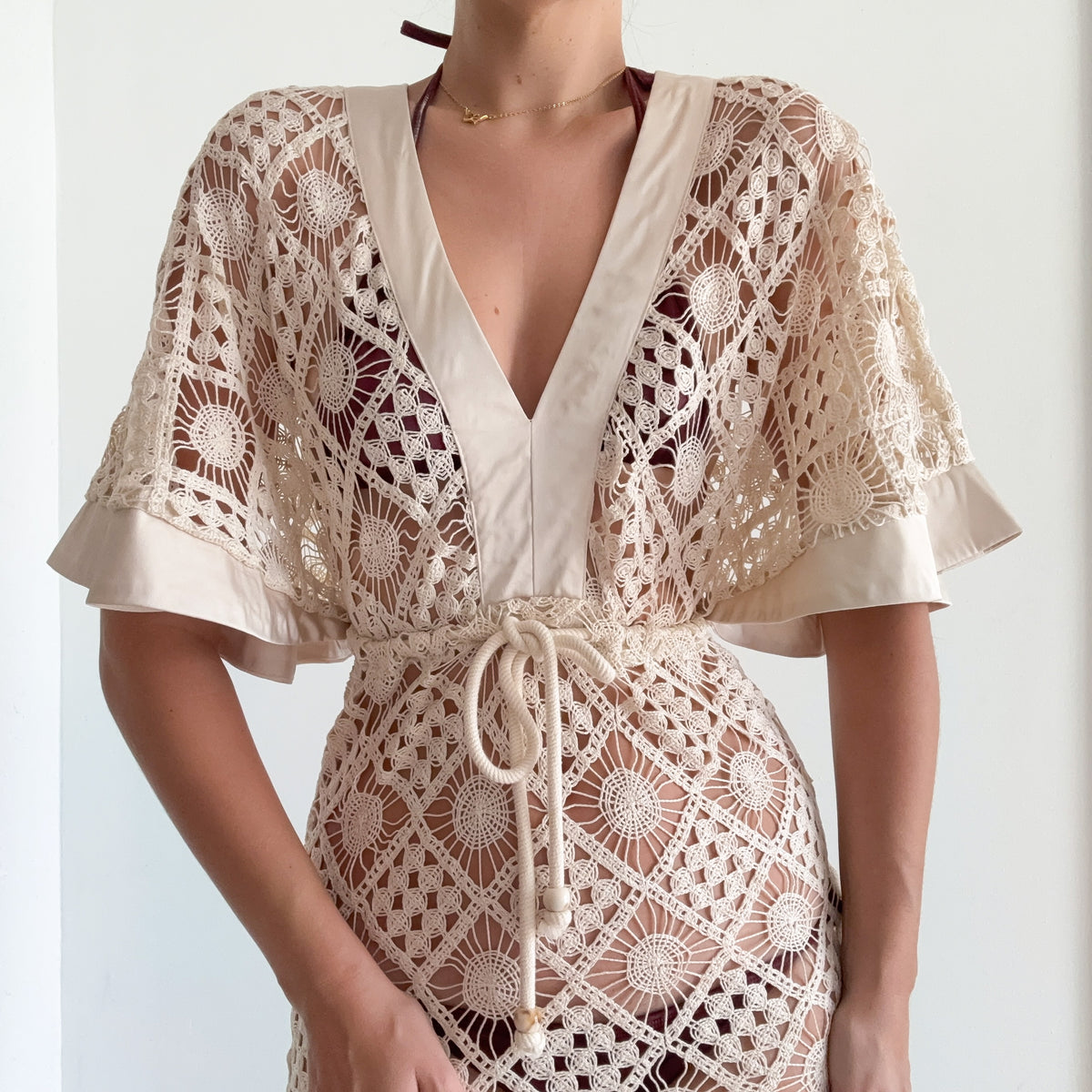 Cream Knit Tie Kaftan Dress / SZ M
