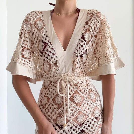Cream Knit Tie Kaftan Dress / SZ M