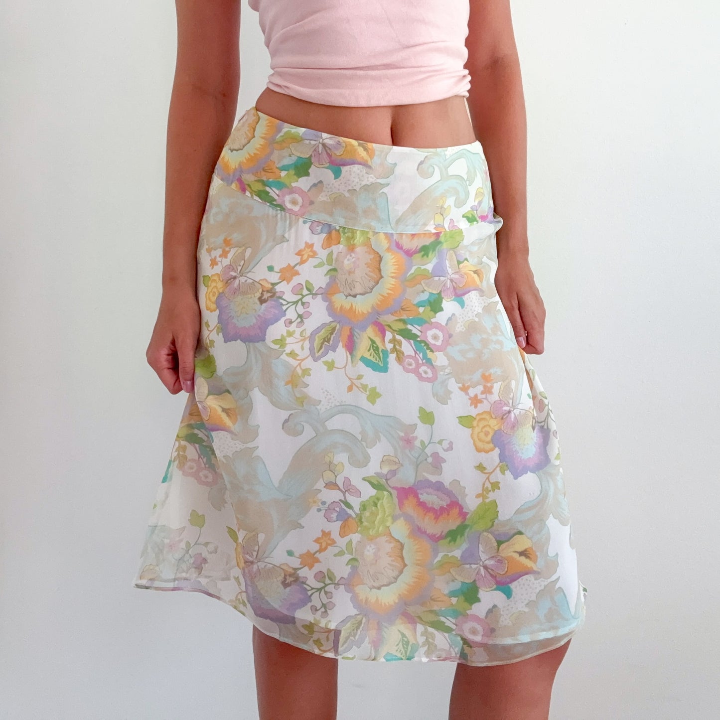 Y2K White Pastel Floral Silk Midi Skirt / SZ S/M