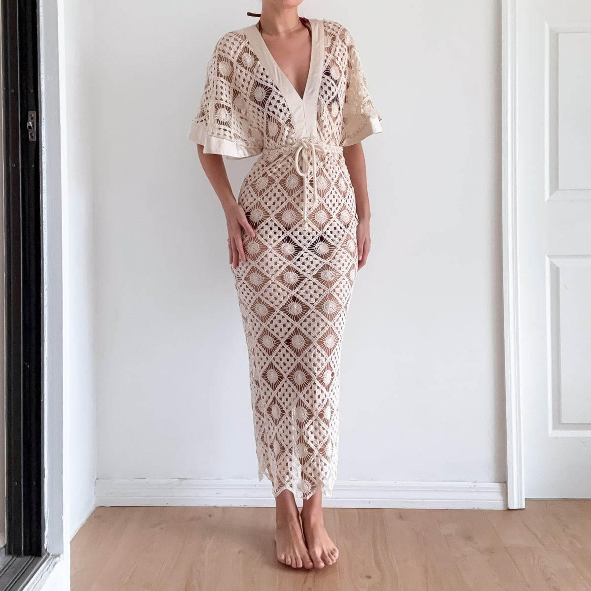 Cream Knit Tie Kaftan Dress / SZ M