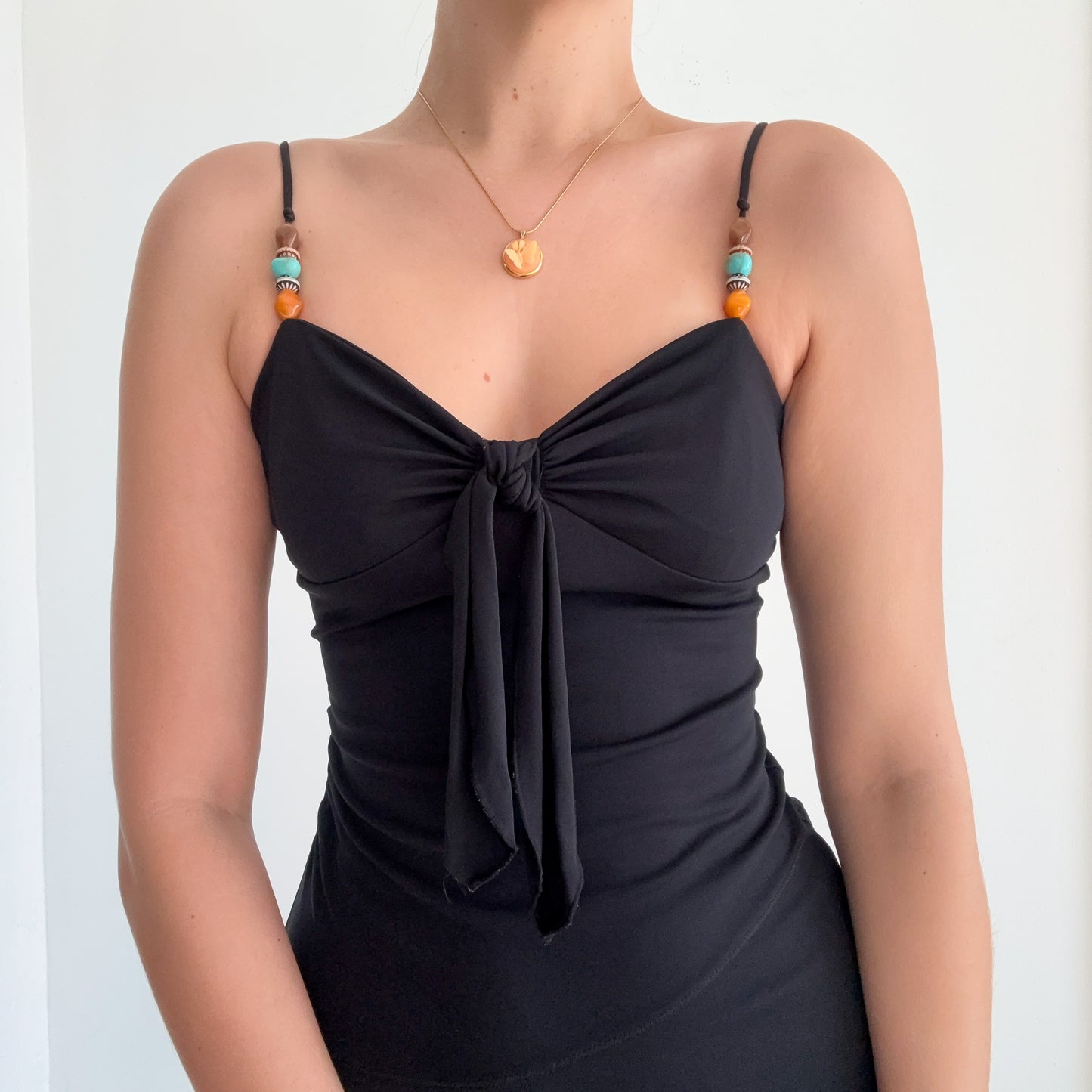 Y2K Black Beaded Strap Midi Dress / SZ XS/S