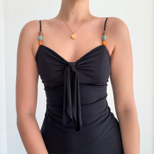 Y2K Black Beaded Strap Midi Dress / SZ XS/S