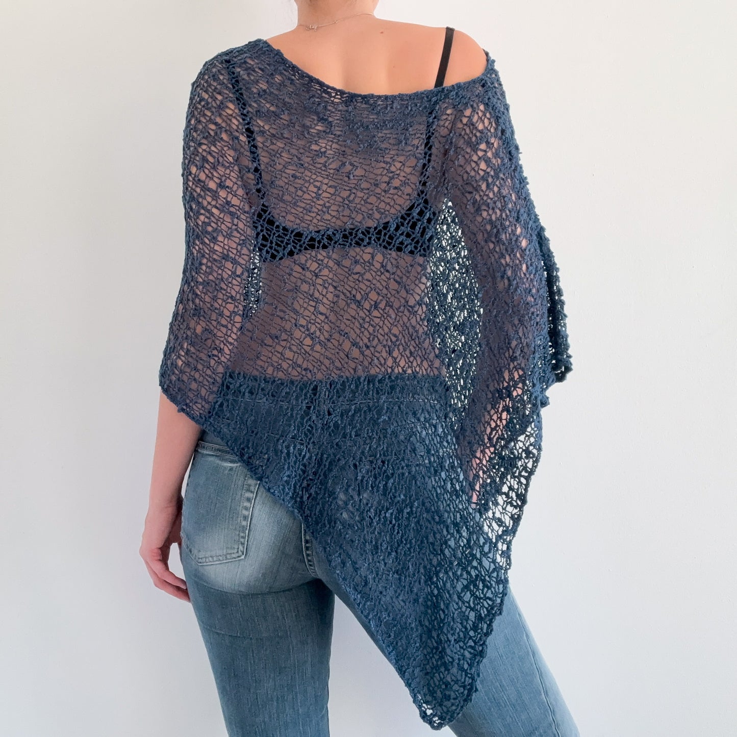 Y2K Aegean Blue Knit Shawl Poncho / One Size