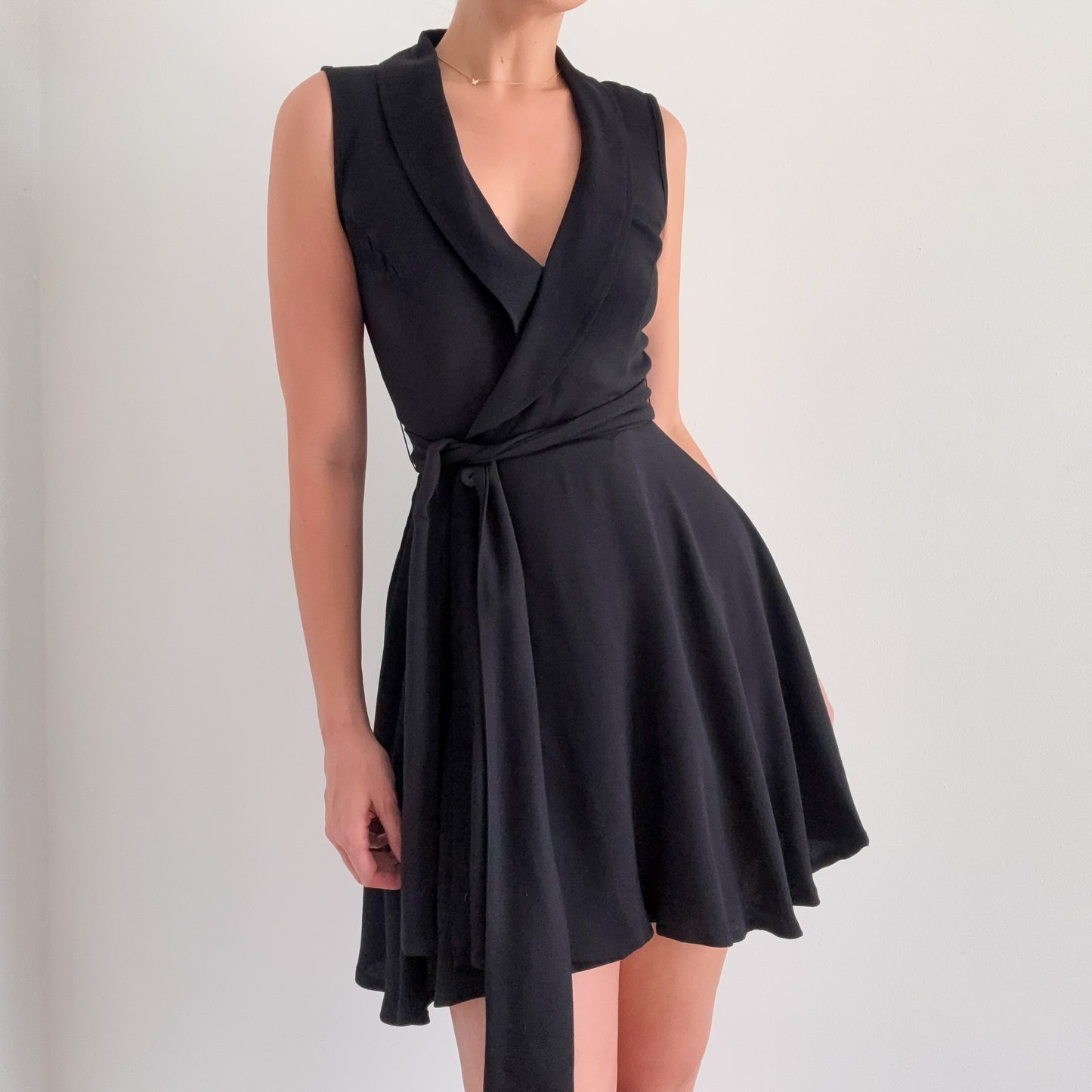 90's Black Wrap Flare Mini Dress / SZ S-M