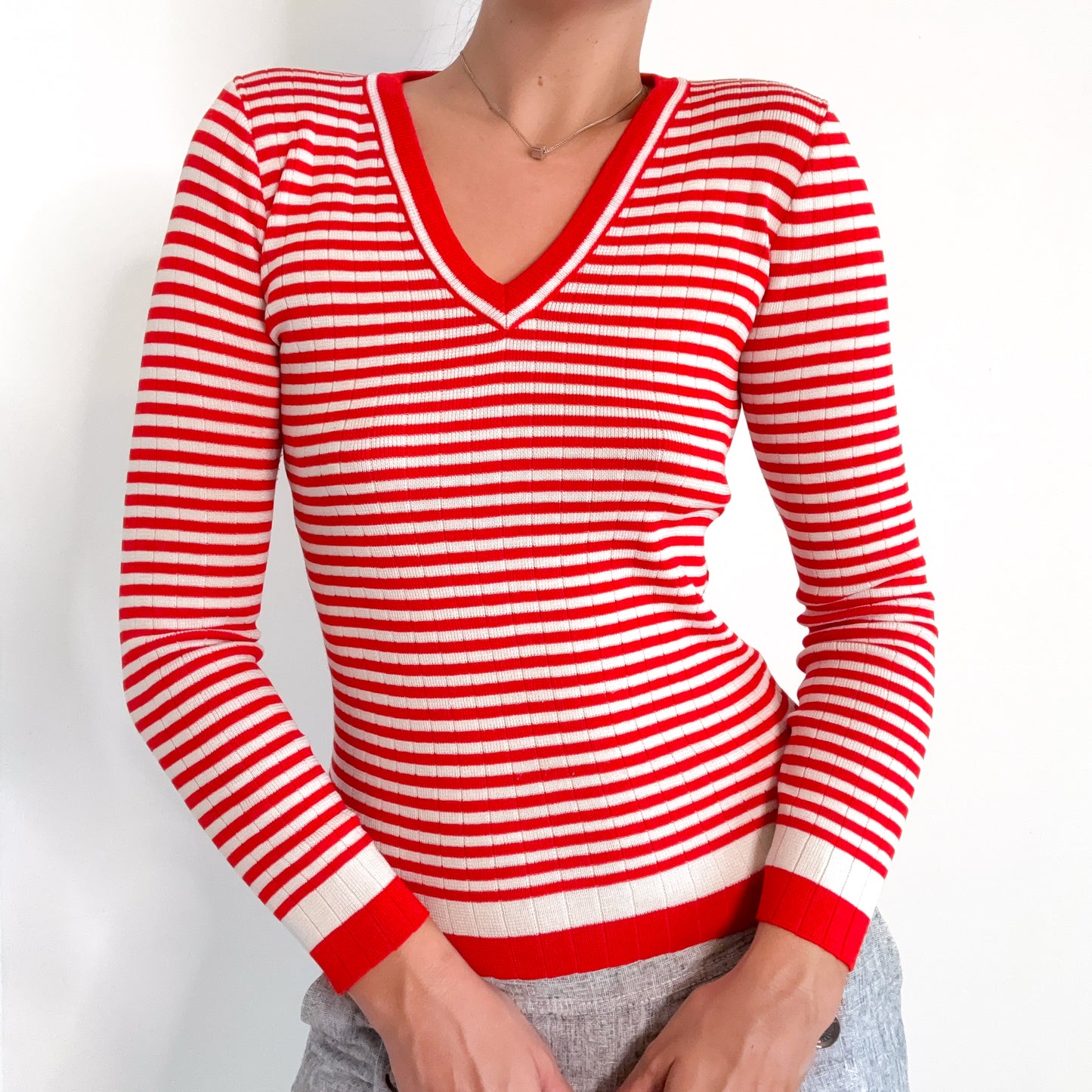 70's Red & White Striped Knit Sweater / SZ S