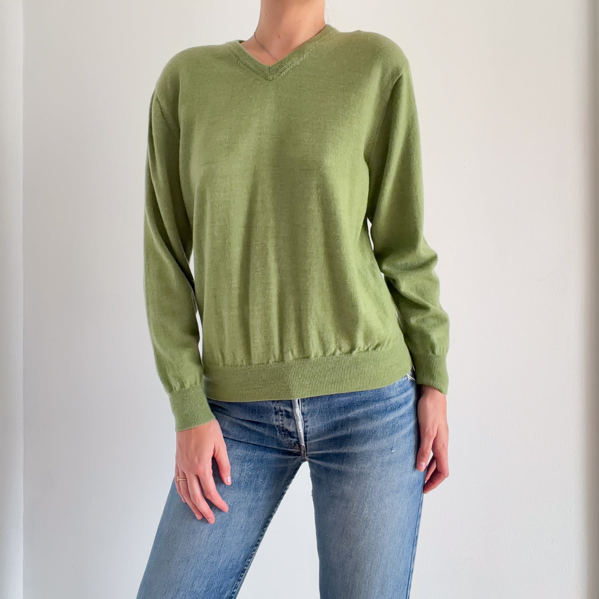 Pickle Green Knit V-Neck Sweater / SZ M