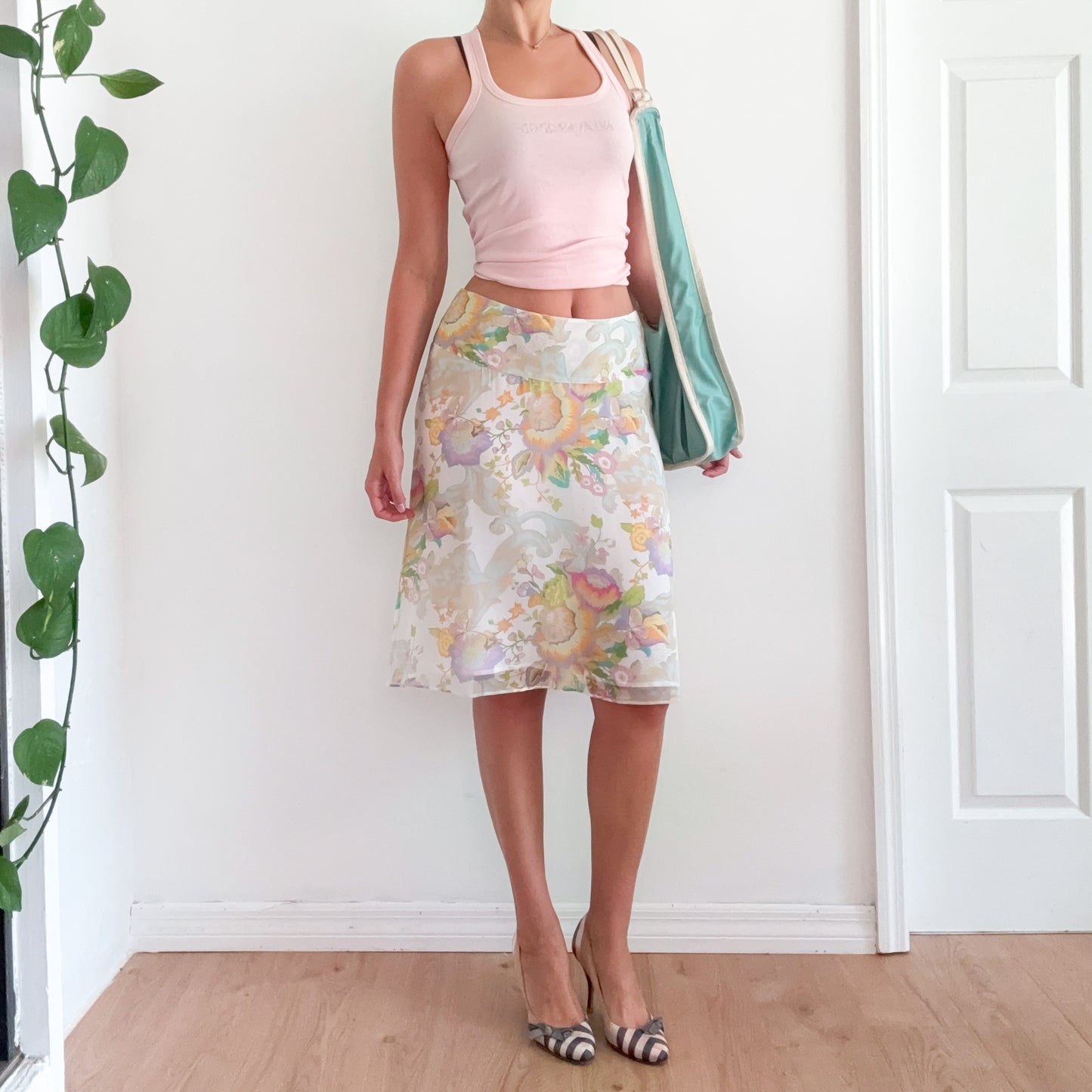 Y2K White Pastel Floral Silk Midi Skirt / SZ S/M