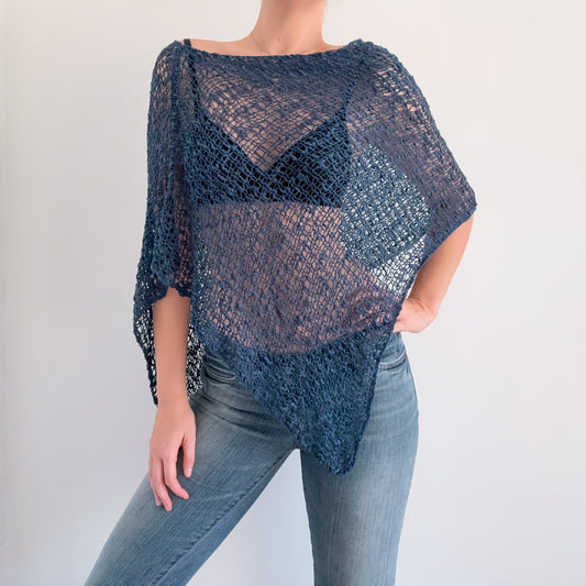 Y2K Aegean Blue Knit Shawl Poncho / One Size