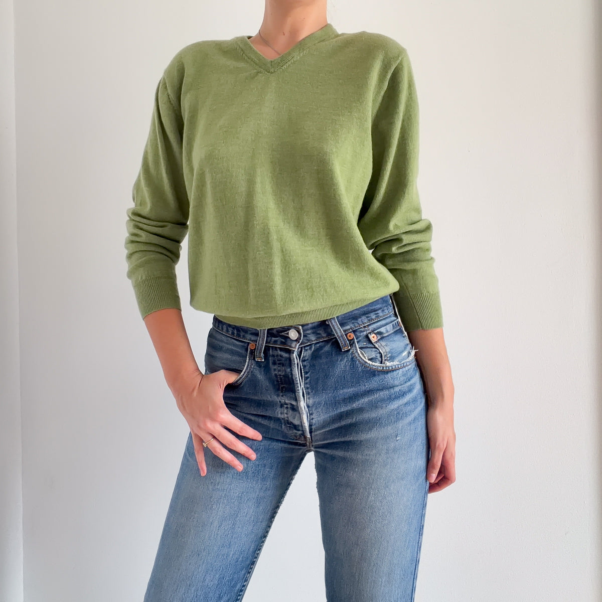 Pickle Green Knit V-Neck Sweater / SZ M