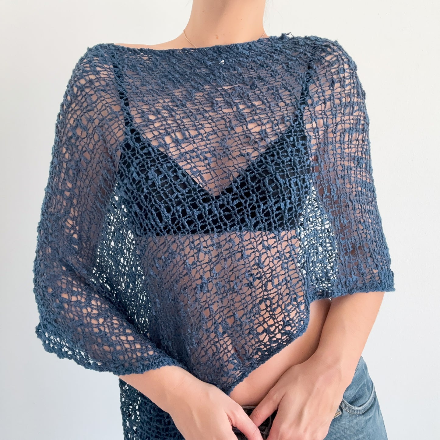 Y2K Aegean Blue Knit Shawl Poncho / One Size