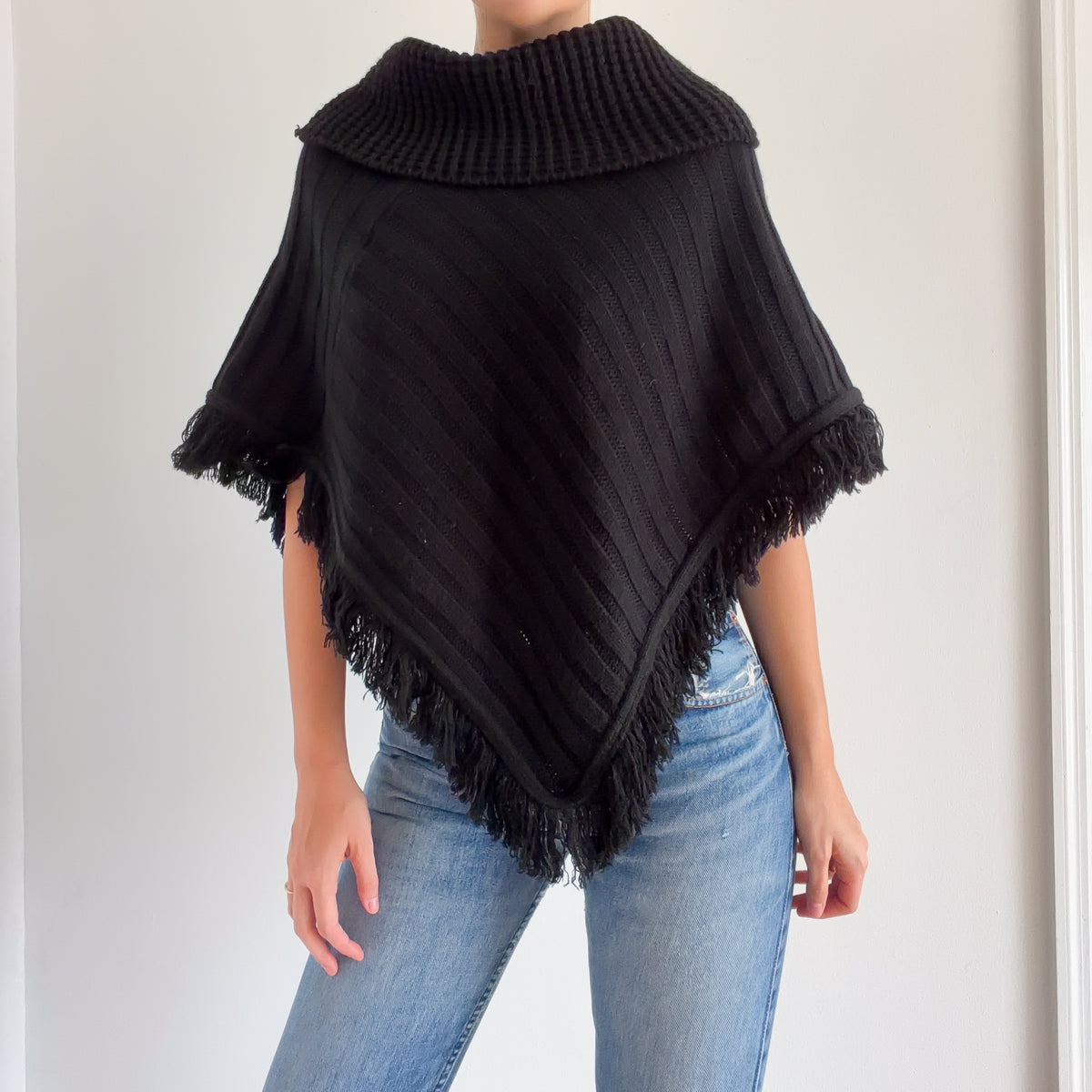 Y2K Black Sweater Knit Fringe Poncho / One Size