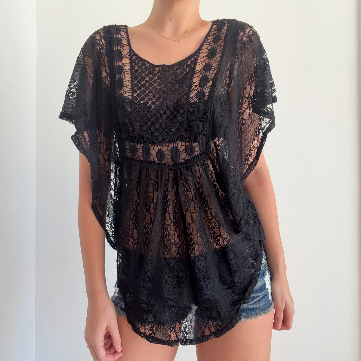 Y2K Black Lace Crochet Butterfly Top / One Size