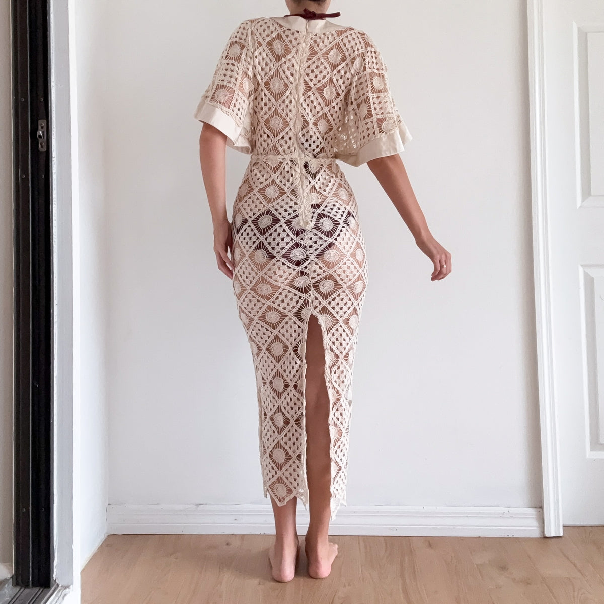 Cream Knit Tie Kaftan Dress / SZ M