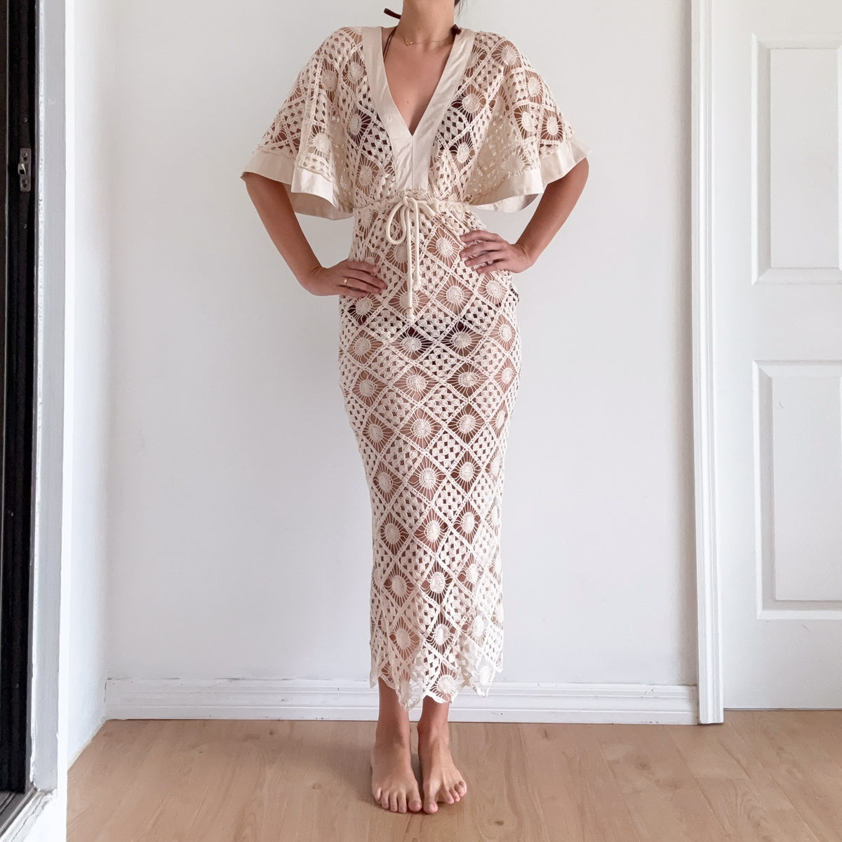 Cream Knit Tie Kaftan Dress / SZ M