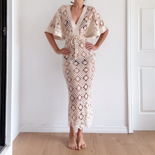 Cream Knit Tie Kaftan Dress / SZ M