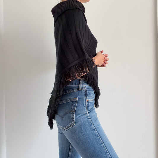 Y2K Black Sweater Knit Fringe Poncho / One Size