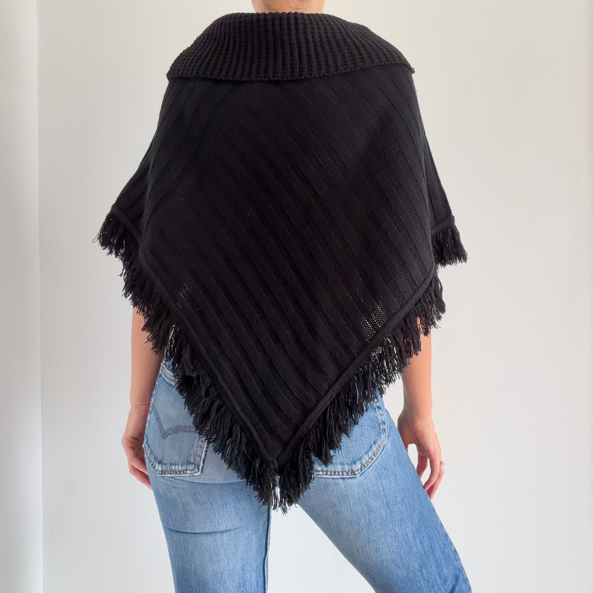 Y2K Black Sweater Knit Fringe Poncho / One Size