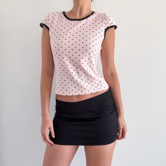 Y2K Baby Pink & Black Polka Dot Tee / SZ M-L