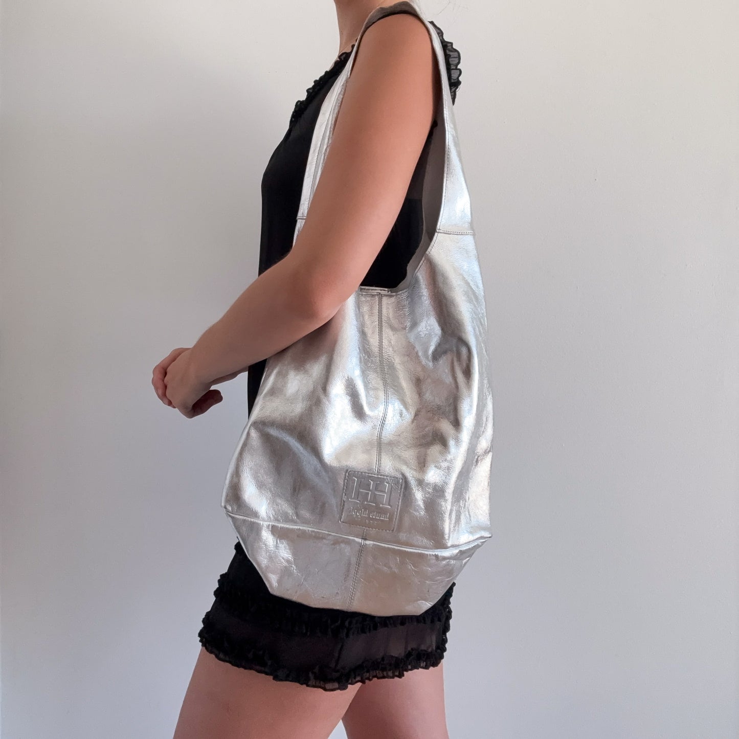 Y2K Silver Metallic Leather Hobo Bag