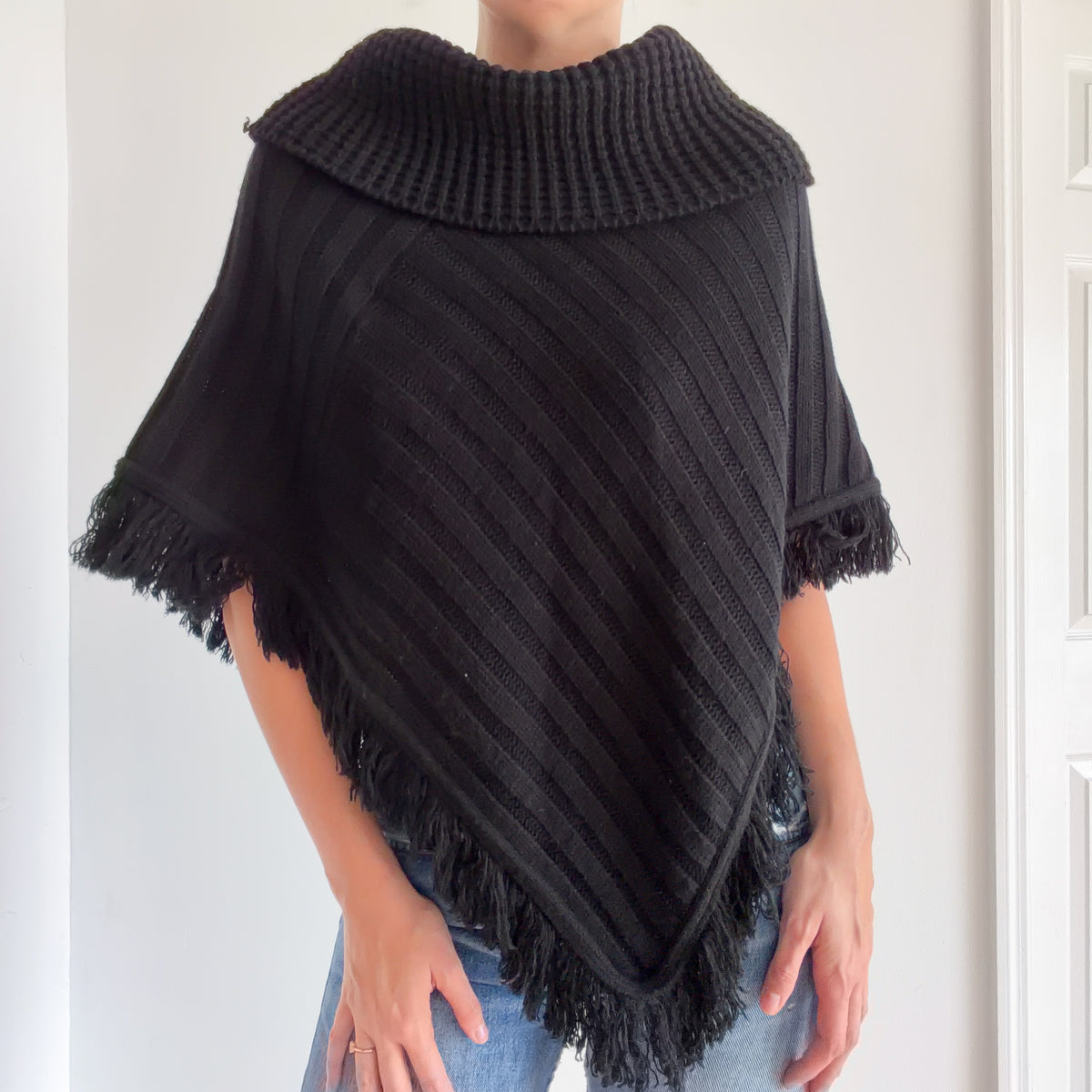 Y2K Black Sweater Knit Fringe Poncho / One Size