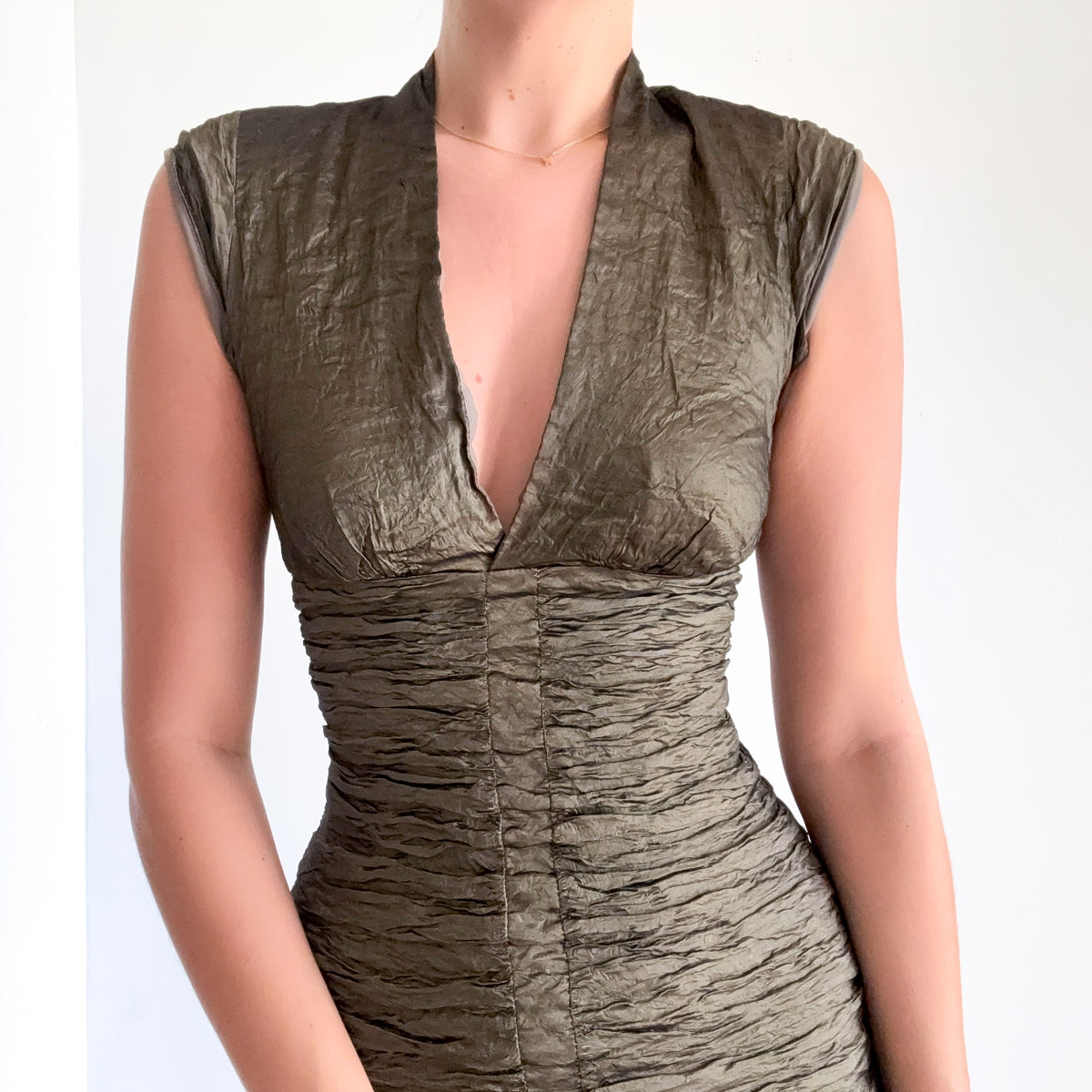 Y2K Nicole Miller Olive Crinkle Pleat Cocktail Dress / SZ M