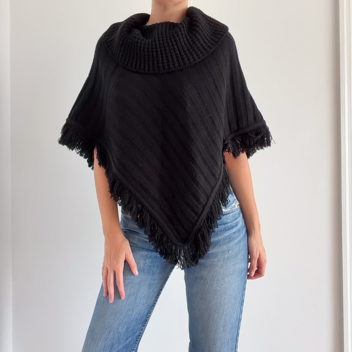 Y2K Black Sweater Knit Fringe Poncho / One Size