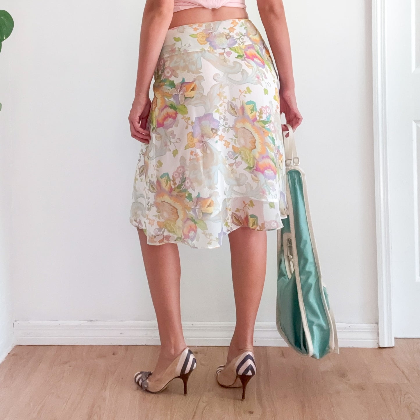 Y2K White Pastel Floral Silk Midi Skirt / SZ S/M