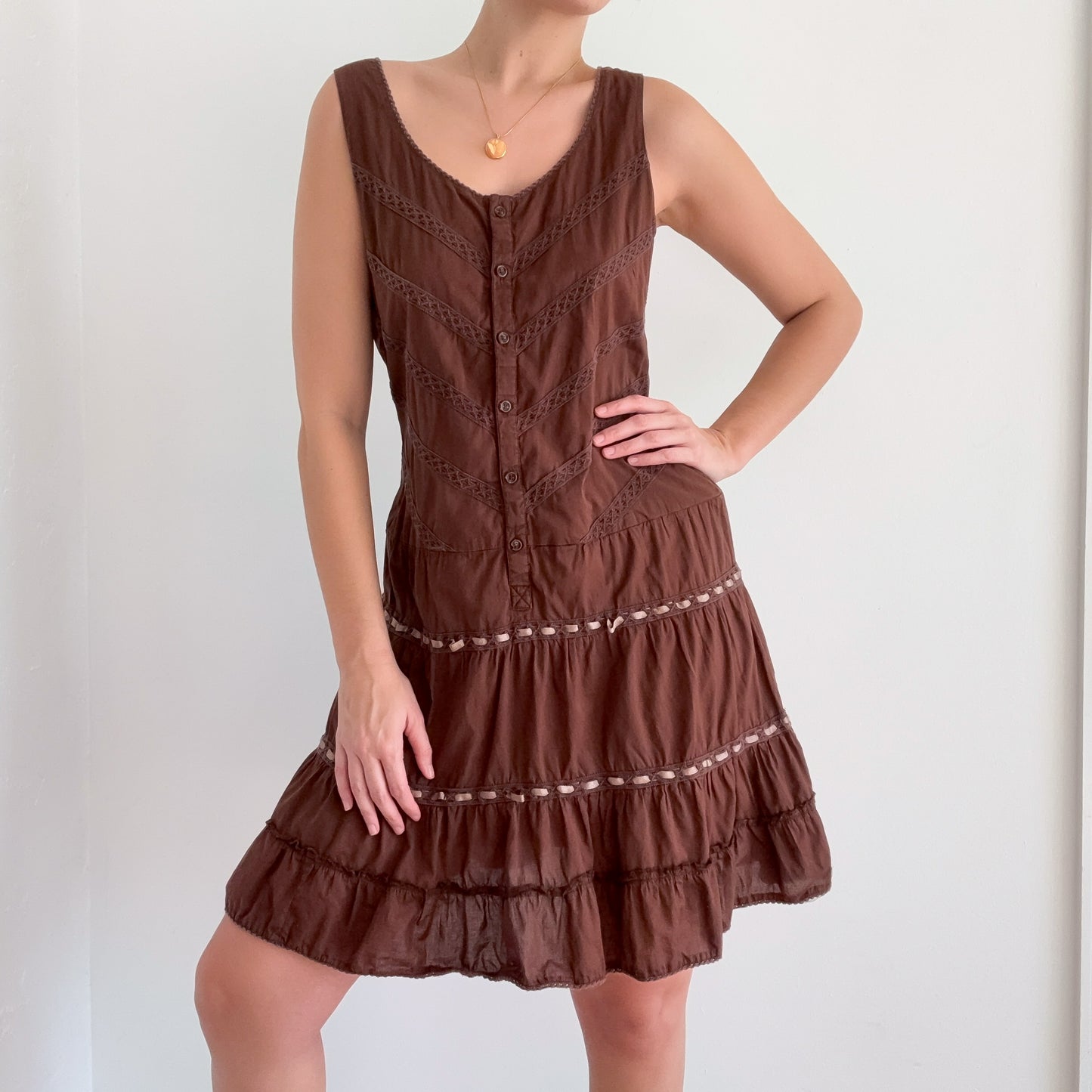 Y2K Brown Cotton Ribbon Dress / SZ M/L