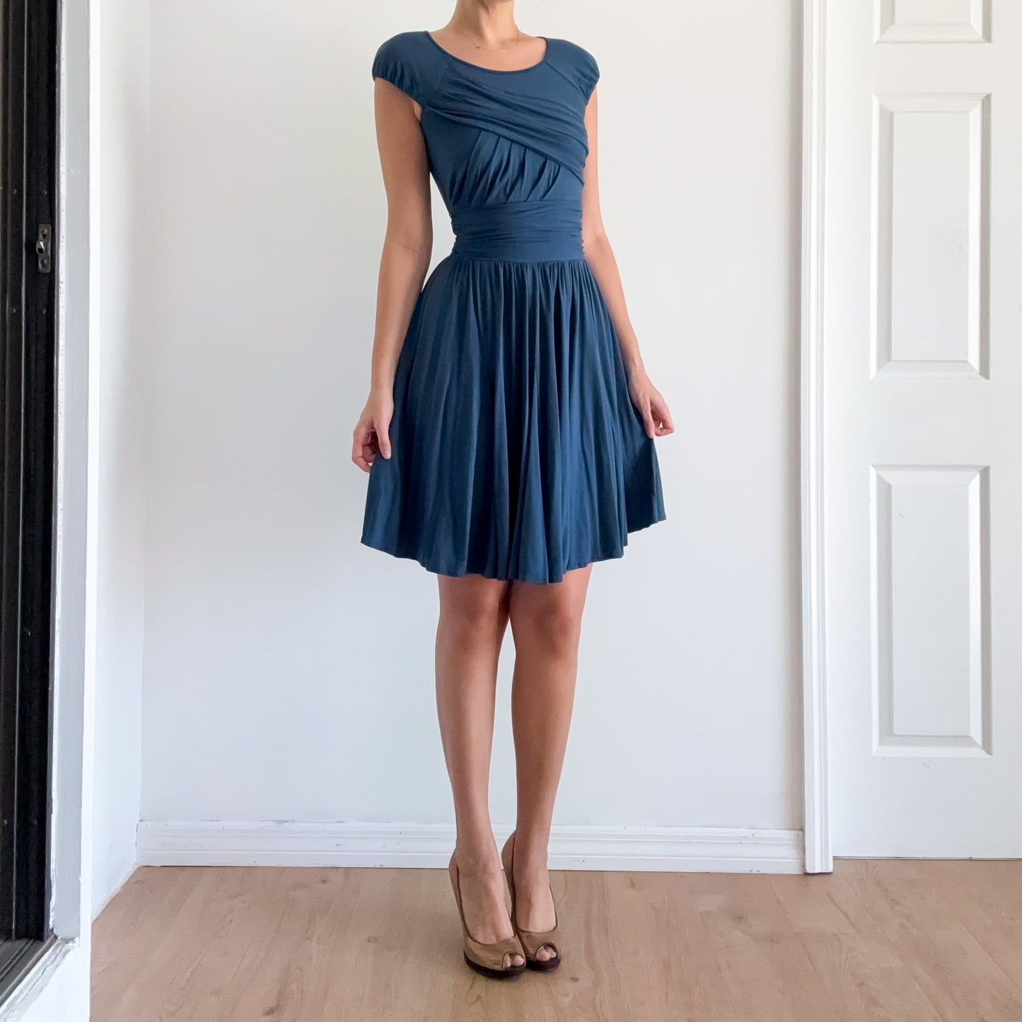 Y2K Peacock Pleated Rayon Midi Dress / SZ XS-S