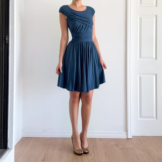 Y2K Peacock Pleated Rayon Midi Dress / SZ XS-S